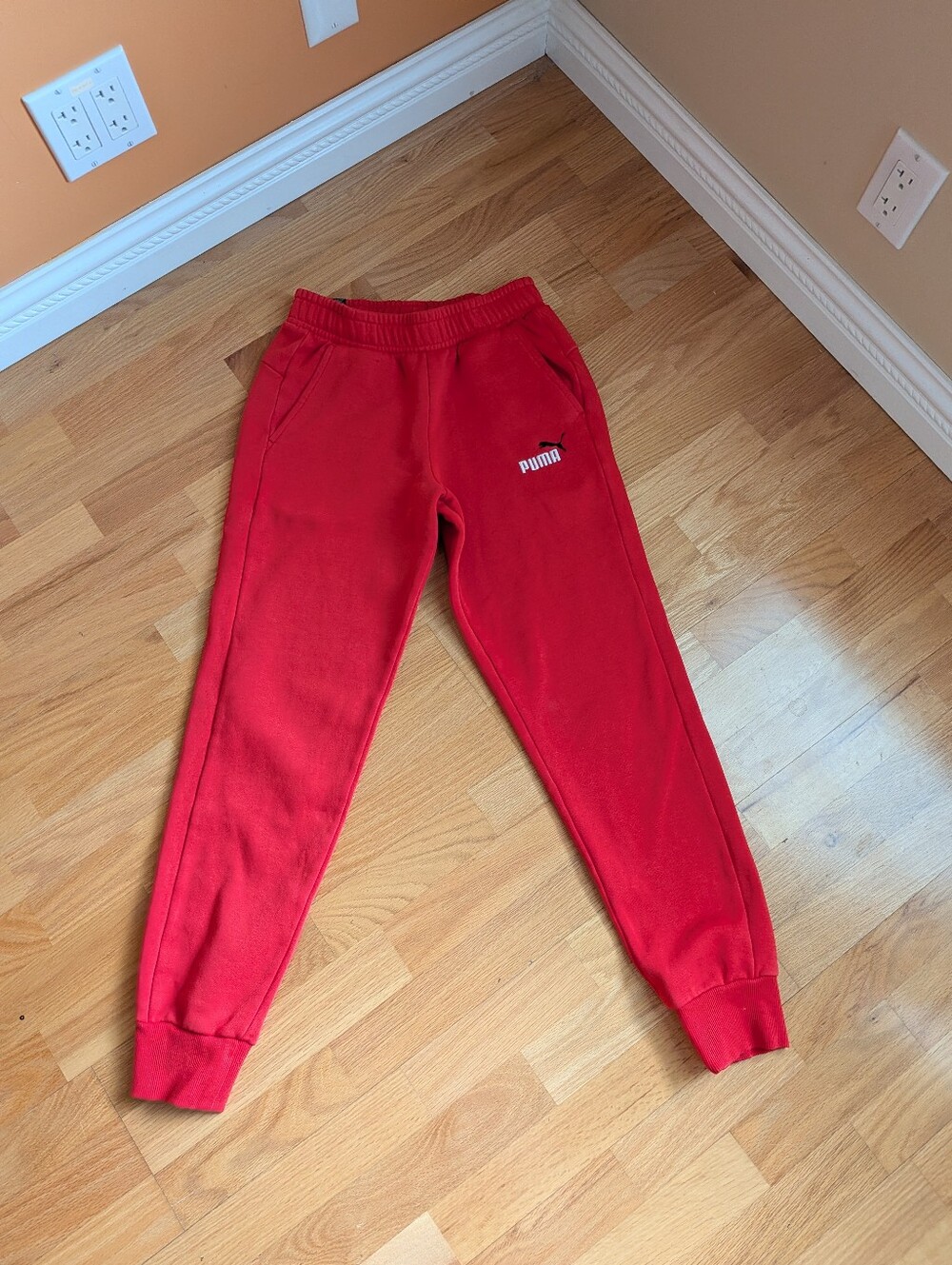 Puma Kids Red Fleece Joggers with White Logo Size S